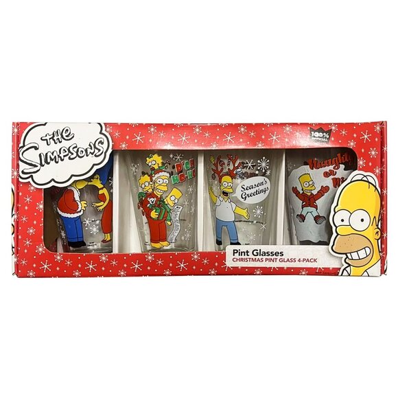 New! The Simpsons Pint Glasses Boxed Set of 4 Christmas Homer Marge Bart Lisa - Picture 1 of 2